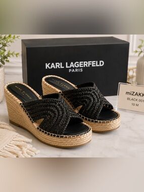 Karl Lagerfeld Black Woven Espadrille Wedge Mules